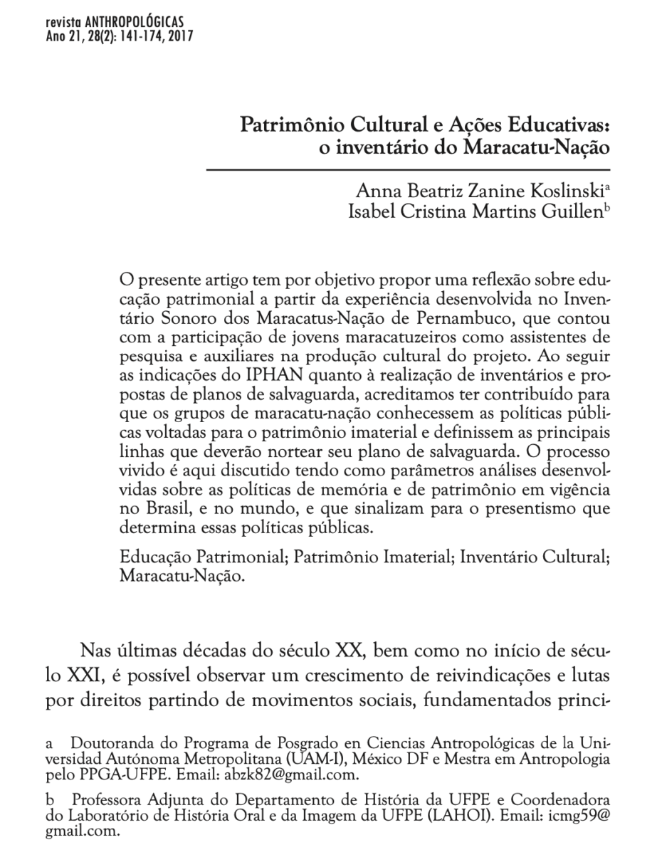 Patrimonio Cultural e Acoes Educativas o inventario do Maracatu Nacao Anna Beatriz Zanine Koslinskia Isabel Cristina Martins Guillen Revista Anthropologica 2017 historia e estudos maracatuteca